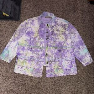 Cute Purple spring tie-dye jacket with embroidered floral details and buttons